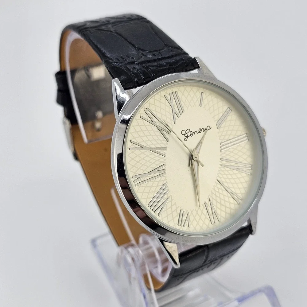 42MM Men's Watch‎ Roman Numerals Tan Dial Black Leather Bands New Battery